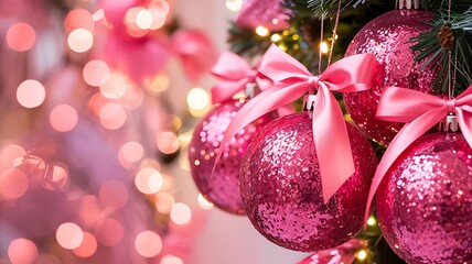 Close up of sparkly pink christmas ornaments with satin bows hanging on a decorated evergreen tree with soft bokeh lights
