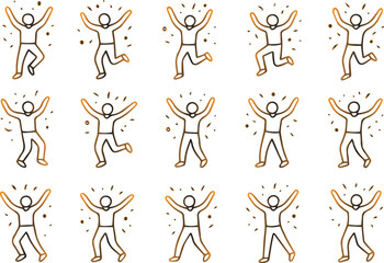 Collection of simple line art illustrations depicting various joyful human figures jumping and celebrating with arms raised high
