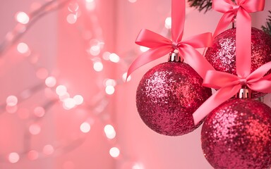 Close up of sparkly pink christmas ornaments with satin ribbons and blurred bokeh lights in soft focus background