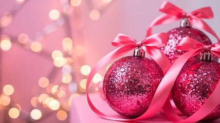 Sparkling pink christmas ornaments with satin ribbons and soft bokeh lights creating a festive and elegant holiday background