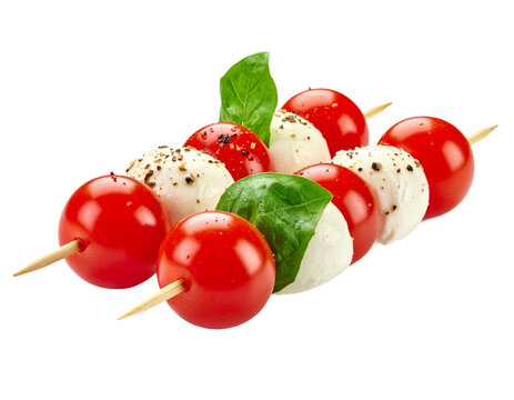 Caprese skewers with cherry tomatoes, mozzarella, and basil isolated on white background, transparent PNG