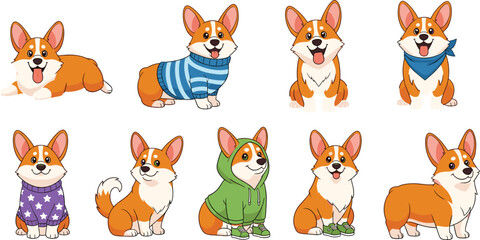 Cute cartoon Corgi dog vector set, funny Pembroke Welsh puppies wearing sweaters and hoodies, happy pet illustration collection.