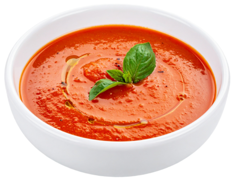 Tomato soup in a white bowl with basil isolated on white background, transparent PNG - Powered by Adobe