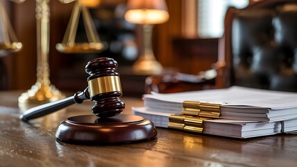 Gavel and stacked legal documents on a wooden desk with scales of justice in the background symbolizing law and justice