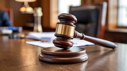Close up of a wooden judge s gavel resting on its sounding block on a polished wooden desk in a courtroom