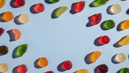 Assorted gummy candy in various shapes and vibrant colors arranged in border on pastel blue background, creating playful and cheerful frame with empty center space for text