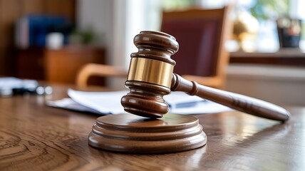 Wooden judge s gavel resting on a wooden desk with legal documents in the background representing justice and law
