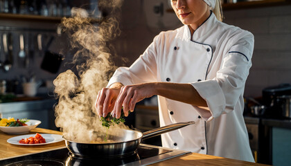 Chef adding fresh herbs into steaming pan in professional kitchen, warm lighting, shallow depth of field, focused expression, culinary preparation, modern restaurant setting