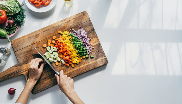 Chef chopping fresh vegetables on wooden board top down view colorful ingredients including carrot bell pepper cucumber onion healthy cooking preparation bright kitchen setting