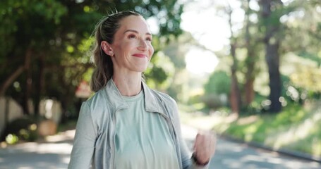 Fitness, woman outdoor or start smart watch for cardio workout, training preparation or wellness. Active, female person or check tech in neighborhood with adjust hair, begin or getting ready for run.