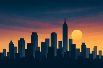 Grungy blue/orange skyline illustration features city buildings at sunset. Ideal for poster design, website headers, social media graphics.