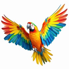 Fototapeta premium Vibrant macaw parrot flying with wings spread wide isolated on white background
