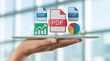 Hand holding tablet displaying pdf documents charts and graphs representing digital data and business analytics