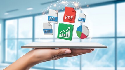 Hand holding tablet displaying digital documents and charts floating above representing data management and information technology concepts