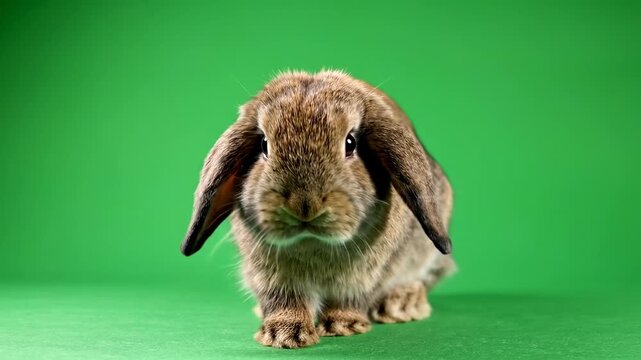 Adorable Lop-Eared Rabbit on Green Background - A Charming Portrait.