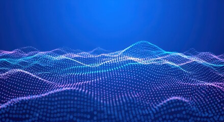 Abstract digital wave surface made of glowing blue and purple dots creating a futuristic sound wave or data flow visualization against a deep blue background