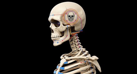 Medical Diagram of Human Skeleton With Skull Showing Device Targeting Brain Regions Featuring Anatomical Structure With Detailed Circulatory System Illustration