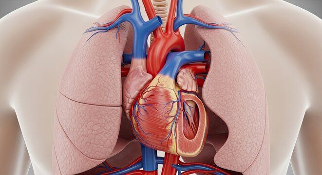 Anatomical Model of Human Circulatory System Featuring Heart and Lungs Illustrating Pulmonary and Systemic Circulation with Arteries Veins and Capillaries for Educational Purposes