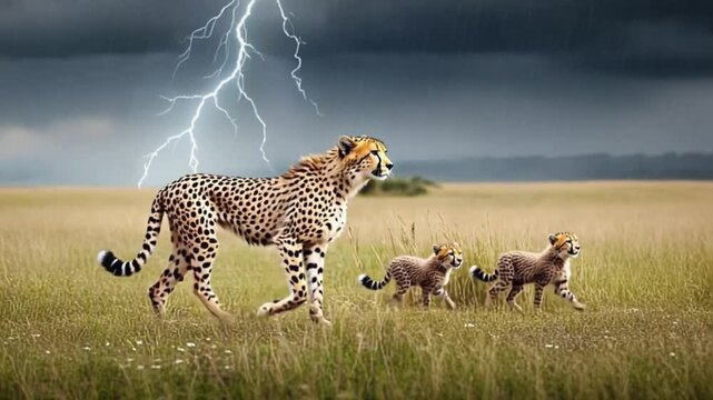 Cheetah with cubs running in grassland under lightning storm in a wildlife nature scene cheetah video