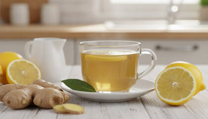 Warm lemon ginger tea served in a glass cup with fresh lemons and ginger, creating a comforting wellness vibe.