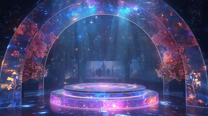 Galaxy-themed podium with a purple crystal arch, flowers, and stars