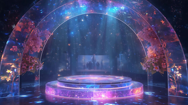 Galaxy-themed podium with a purple crystal arch, flowers, and stars