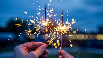 Close up of hands holding lit sparklers against a dusky twilight sky creating a magical celebration atmosphere