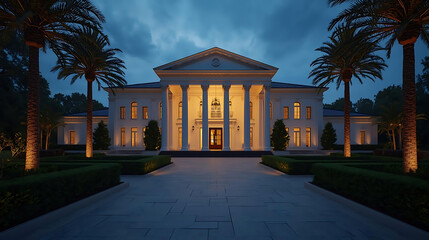 Fototapeta premium Grand mansion illuminated at night with a long brick driveway and palm trees
