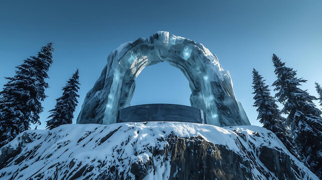 Ice arch podium on a snowy mountain peak under a clear blue sky
