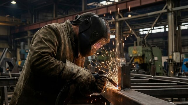 A skilled welder in full protective gear working with precision, bright sparks illuminating the scene inside a large industrial workshop