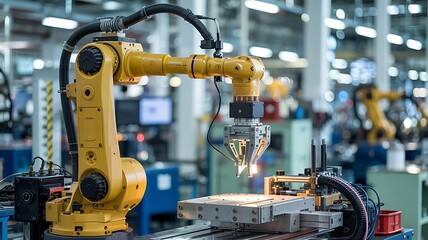 Automated industrial robotic arm performing precision welding on metal components in a modern manufacturing facility