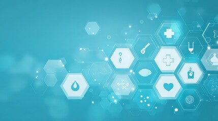 Abstract Hexagon Shapes with Medical Icons on Turquoise Background Conceptual Illustration