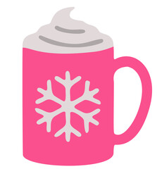 Flat design pink mug with snowflake and whipped cream. Cozy winter holiday.