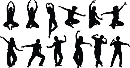Dynamic Dance Silhouettes Vector Set of Men and Women Performing Modern Choreography, Including Leaps, Jumps, and Poses, Ideal for Energetic Art and Music Themes.