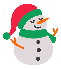 Cute cartoon snowman with red hat and green scarf. Perfect for Christmas and winter holiday designs.
