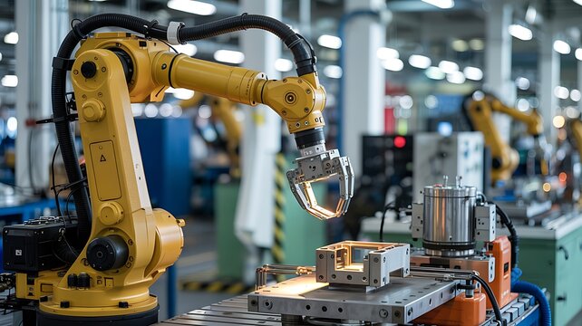 Automated robotic arm assembly line in a modern factory with advanced industrial machinery and technology in operation