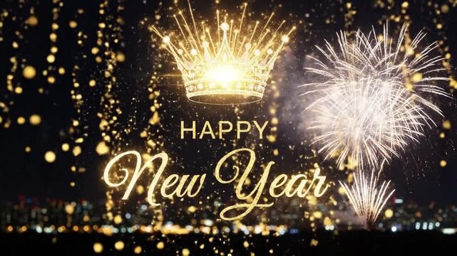Spectacular Golden New Year Celebration with Fireworks and City Lights Display