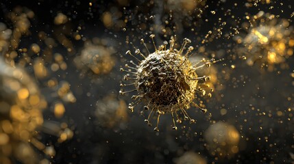 Abstract Representation of Microscopic Virus with Golden Particles Floating in Dark Background