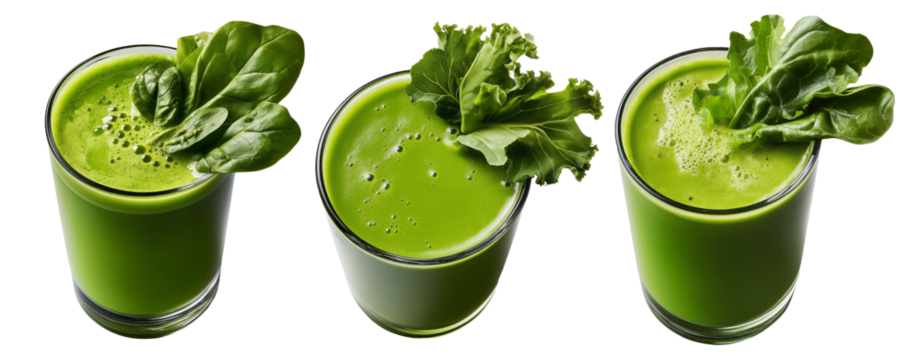 Vibrant green vegetable smoothie in a clear glass with fresh lettuce garnish, isolated on white background, concept of detox