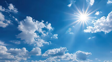 Bright Sunburst in a Blue Sky with Scattered Cumulus Clouds Creating a Dynamic and Inspiring Sky High Atmosphere with Sunlight Radiating Through