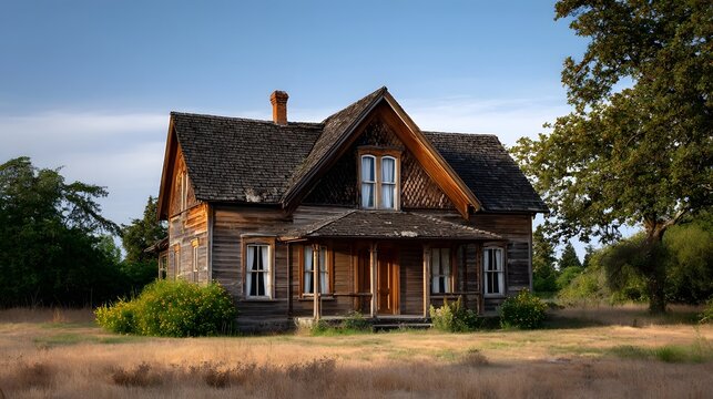 An aged weathered wooden farmhouse sits abandoned in a dry overgrown rural field under a clear blue sky