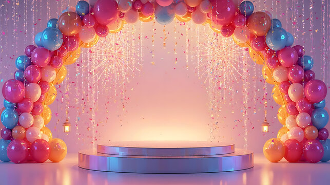 Iridescent party podium with a colorful balloon arch, confetti, and sparklers - Powered by Adobe