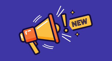 Cartoon megaphone with a new tag on a blue background, announcing something new.