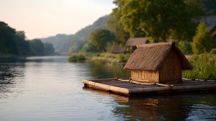 Obraz premium A serene bamboo raft with a thatched hut floats on a calm river at sunrise with forested hills in the background