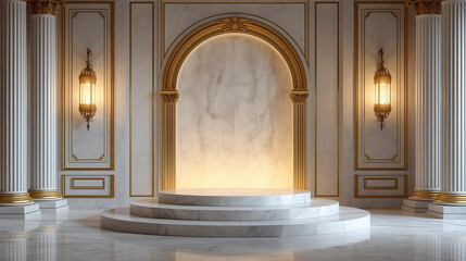 White marble podium in a classic white and gold room with a glowing arch