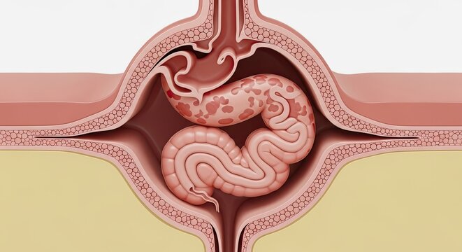 Inguinal Hernia Medical Illustration Showing Protrusion of Internal Organs through Weak Spot in Abdominal Muscles Accurately Two Hundred Characters Only