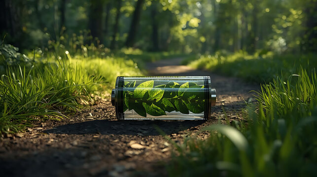 Green battery filled with leaves on a forest trail with dappled sunlight