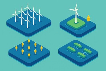 Innovative wind energy solutions featuring abstract designs of wind turbines and buoy structures harnessing renewable energy in a visually striking blue green palette