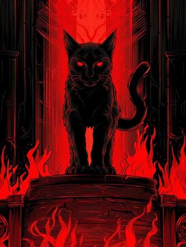 Un gato negro imponente preside un altar de llamas, irradiando poder y misterio.
