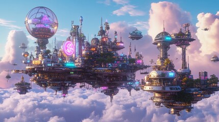 A futuristic floating city filled with colorful lights and unique architecture. Explore an imaginative world above the clouds with advanced technology. Generative AI